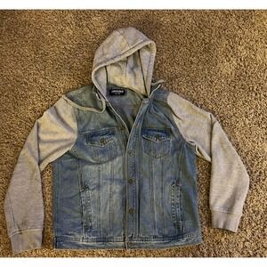 Amnesia Sweatshirt Denim Jacket Womens XL Blue Gray Jean Hoodie Button Vintage